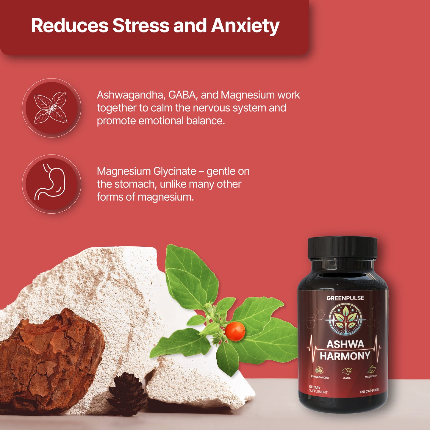 Ashwa Harmony – Adaptogenic Blend with Ashwagandha, GABA, Magnesium Glycinate for Relaxation, Resilience & Calm - 120 capsules