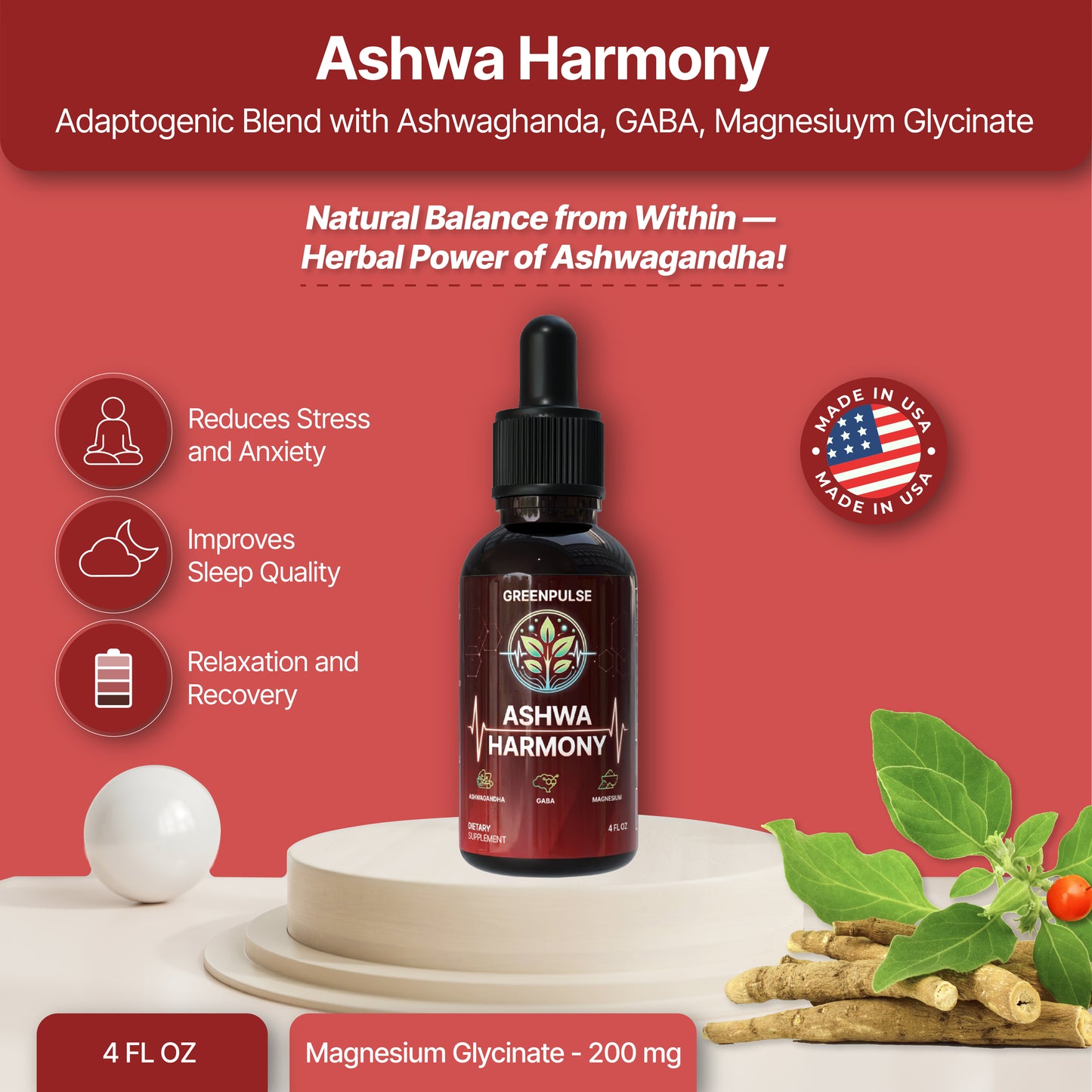 Ashwa Harmony – Adaptogenic Blend with Ashwaghanda, GABA, Magnesiuym Glycinate for Relaxation, Resilience & Calm - 4 fl oz