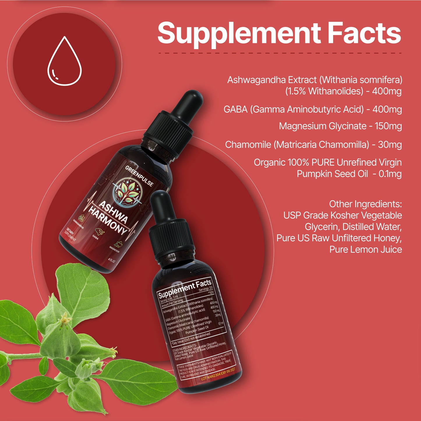 Ashwa Harmony – Adaptogenic Blend with Ashwaghanda, GABA, Magnesiuym Glycinate for Relaxation, Resilience & Calm - 4 fl oz